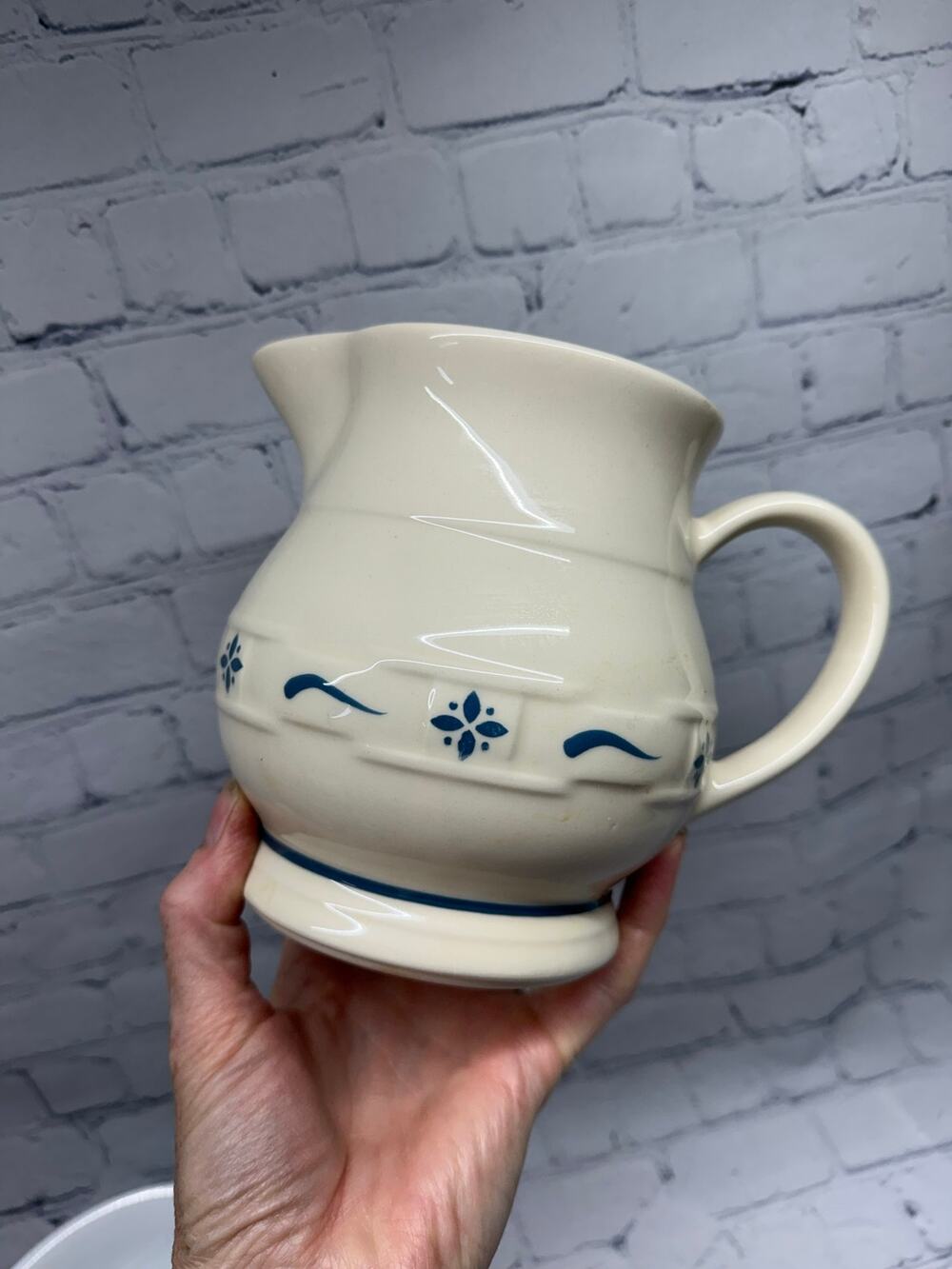 Rare Longaberger Pottery Woven Traditions Blue Heritage Ivory Medium Pitcher